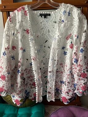 White Crochet Floral Open Cardigan with Pink & Blue Accents